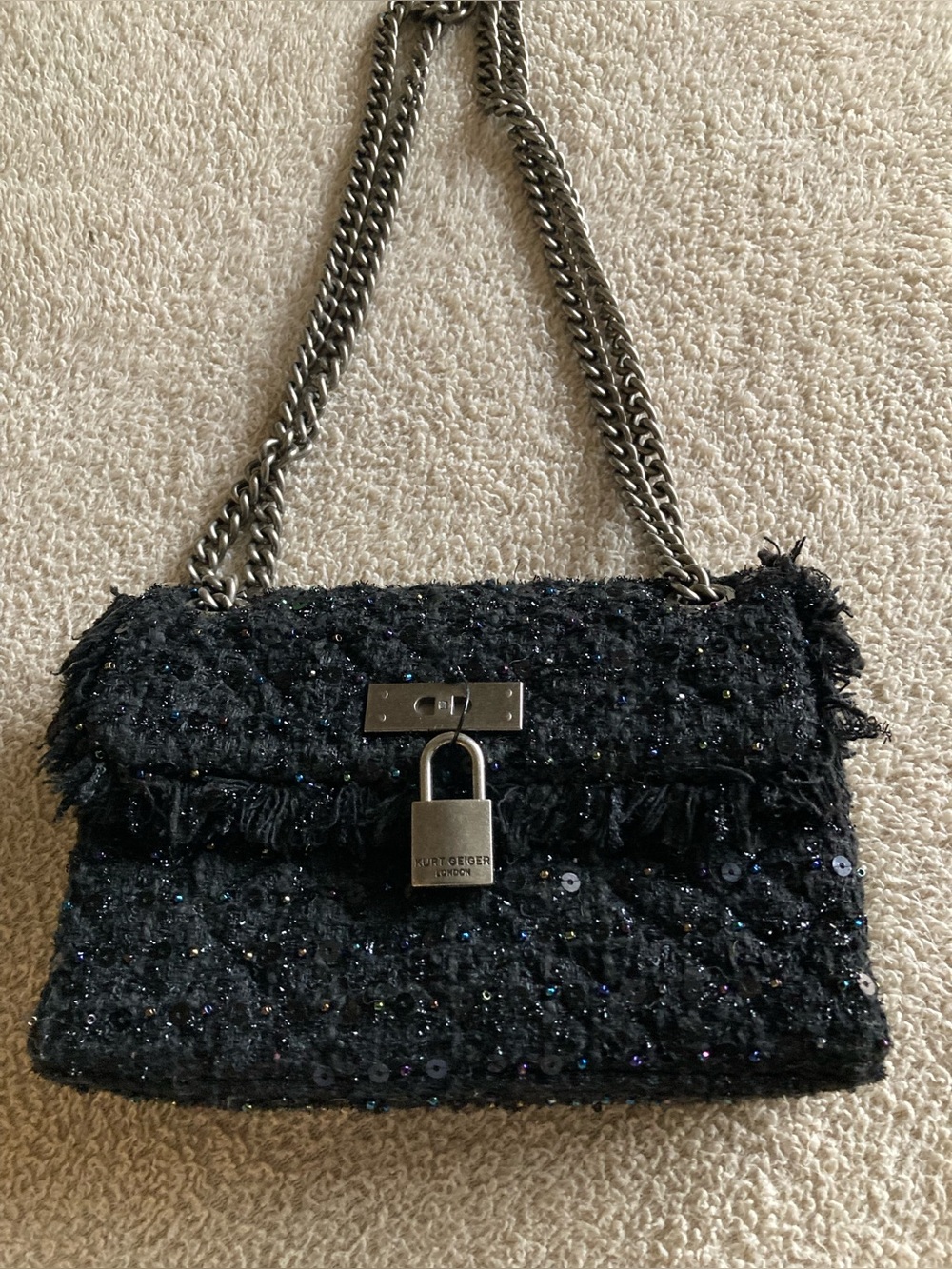 Kurt Geiger Black Sequined Tweed Chain Shoulder/CrossbodyBag with Padlock
